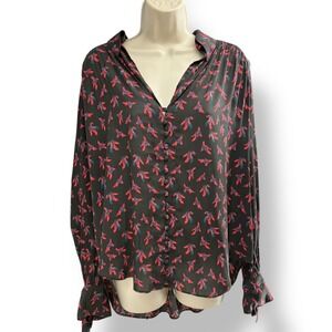 Free People Bird Print Button Front Blouse S Tie Cuff Boho Long Sleeve
